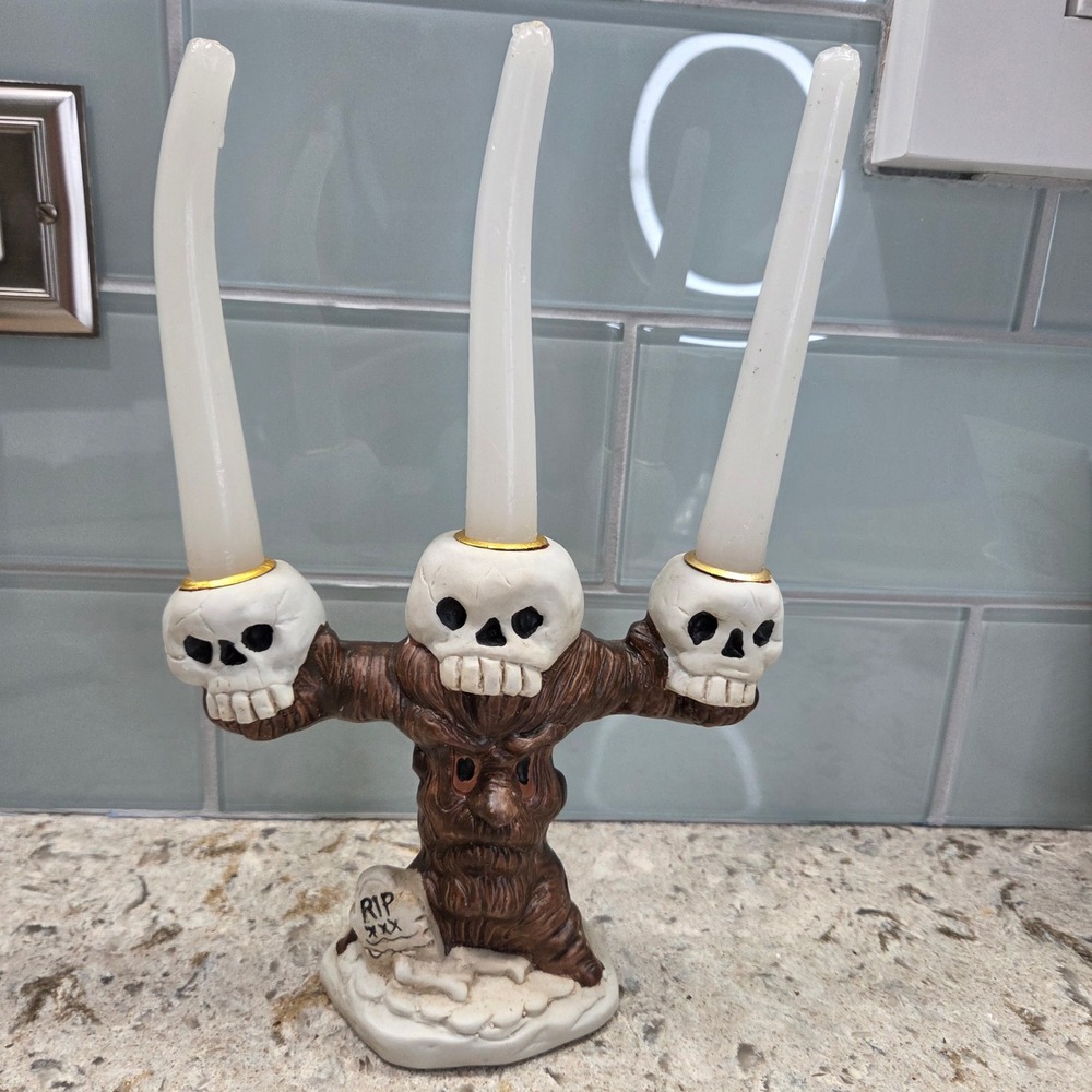 Vintage ABC Distributing Spooky Tree Skull Porcelain Candle Holder Halloween